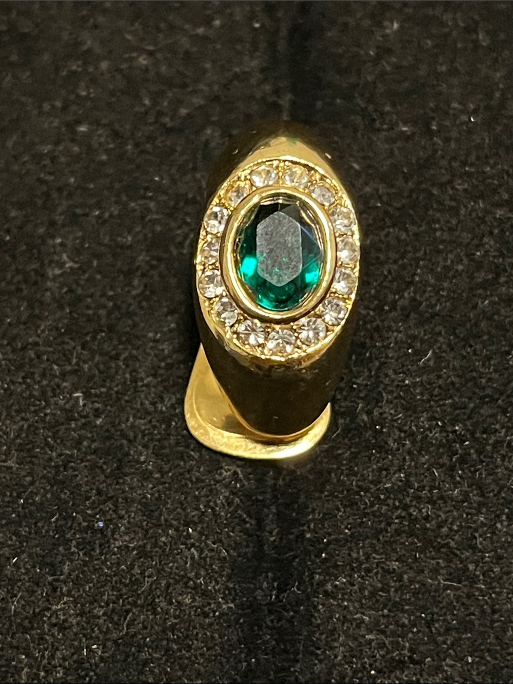 L👀K Vendome Single Clip On Earring with green stone and clear rhinestones.